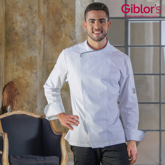 PATRIZIO White Chef Coat - with ITALIAN Tricolor Piping Option